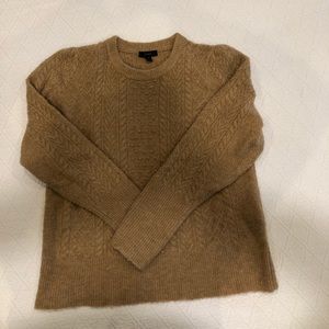 Jcrew wool sweater, camel color has small shoulder detail rouching. This season